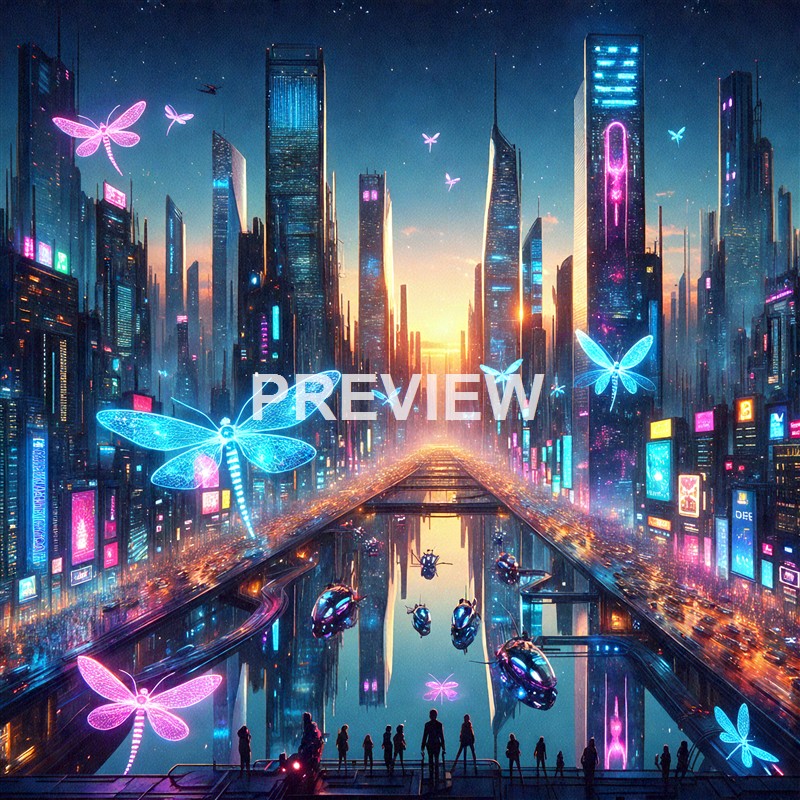 A futuristic cityscape at sunset with tall skyscrapers illuminated by neon lights, featuring giant glowing butterflies flying through the air and a group of people observing from a viewing platform.
